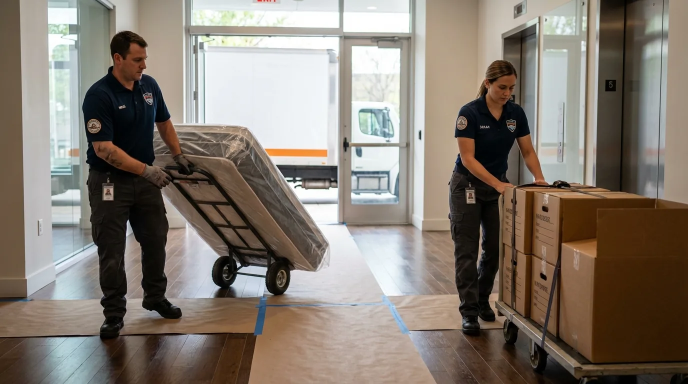 Professional apartment movers loading elevator in Long Beach, NY