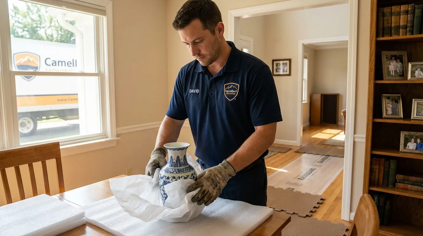 Professional crew carefully wrapping antique vase for senior downsizing move in Long Beach, NY