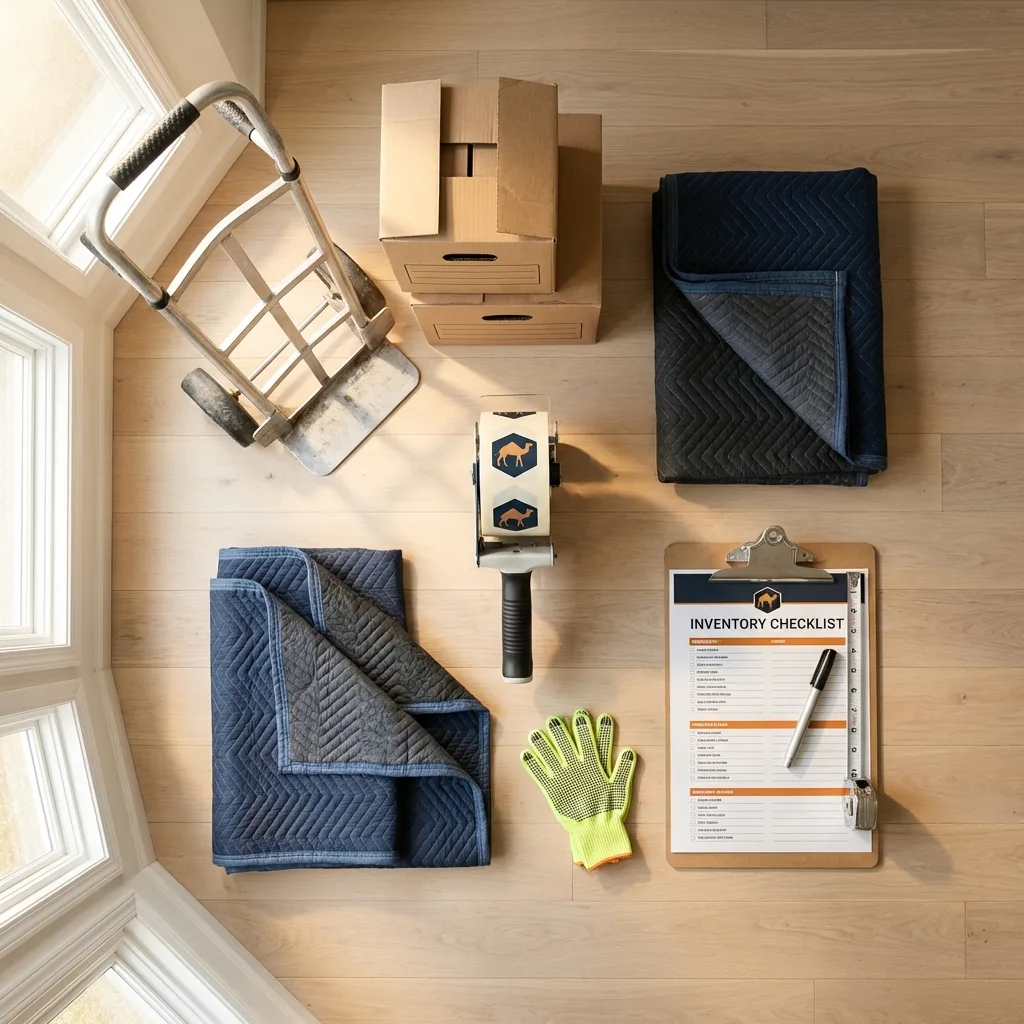 Professional moving supplies and packing materials layout for Long Beach residential relocations